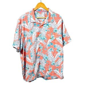 Tommy Bahama XL Salmon Coral Blue Floral Hawaiian Camp Shirt